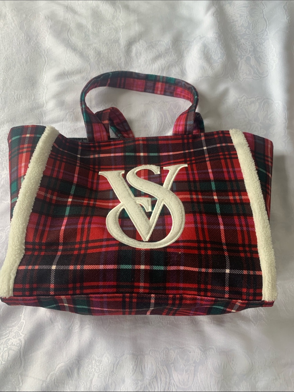 Victoria's Secret Red Plaid Tote with Cream Shearling Accents